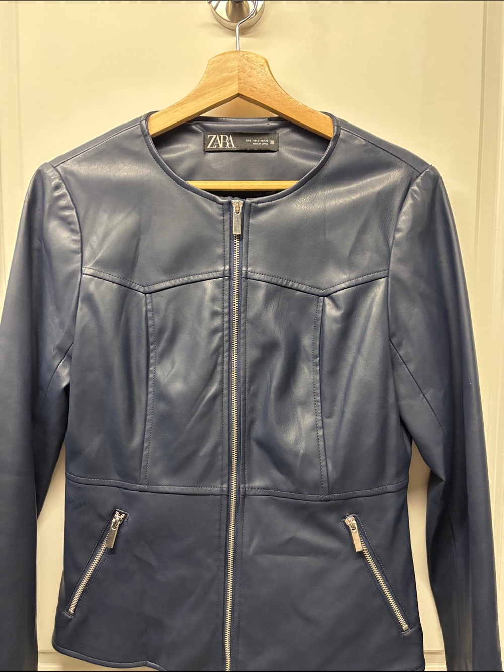 ZARA Navy Faux Leather Zip Jacket